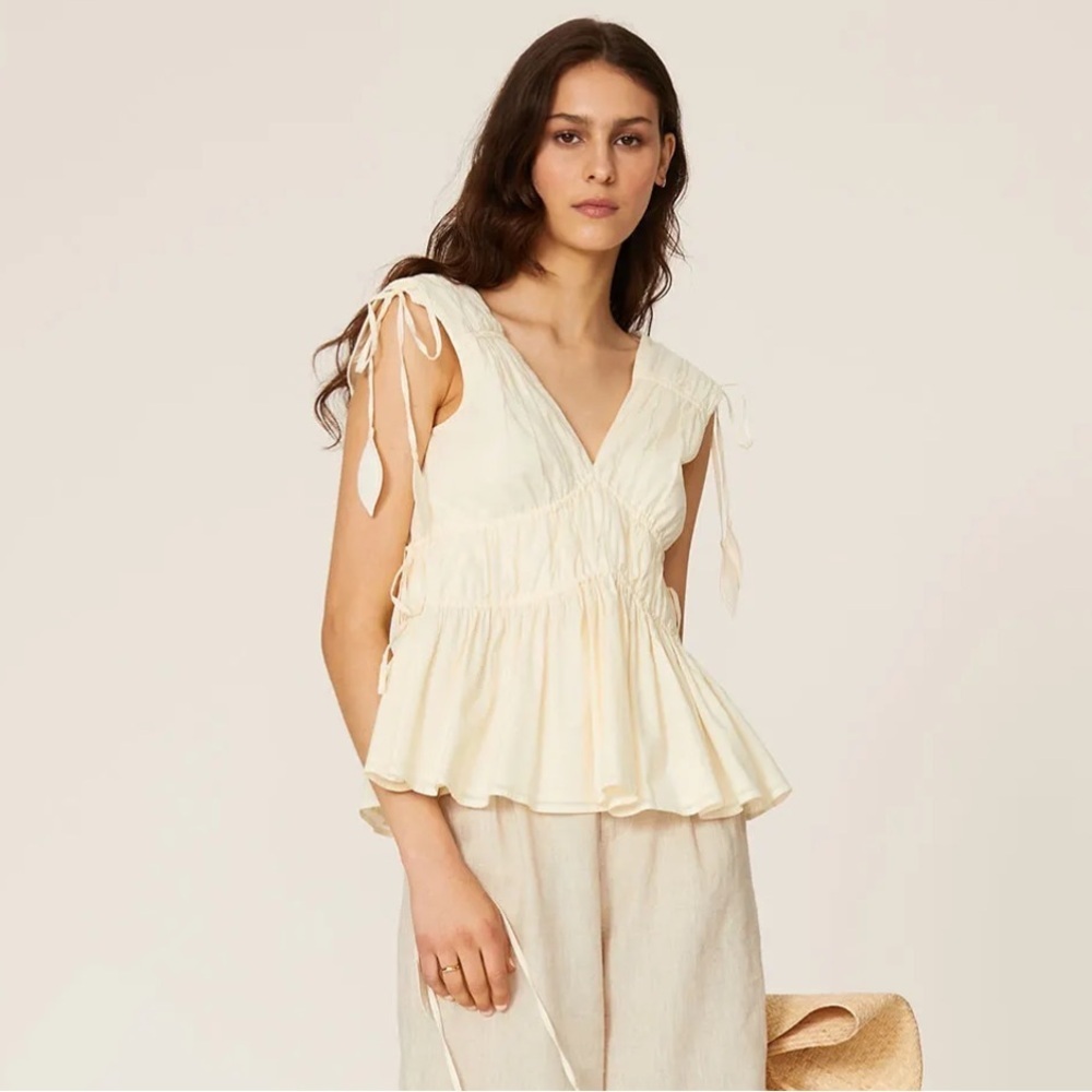 NWOT TORY BURCH Sleeveless Tie Top Smocked Peplum Ivory Shirt Blouse Size 14